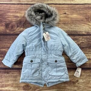 Jessica Simpson Girl’s Jacket Size 5/6 Puffer Coat Fur Hood Zip Pockets Blue